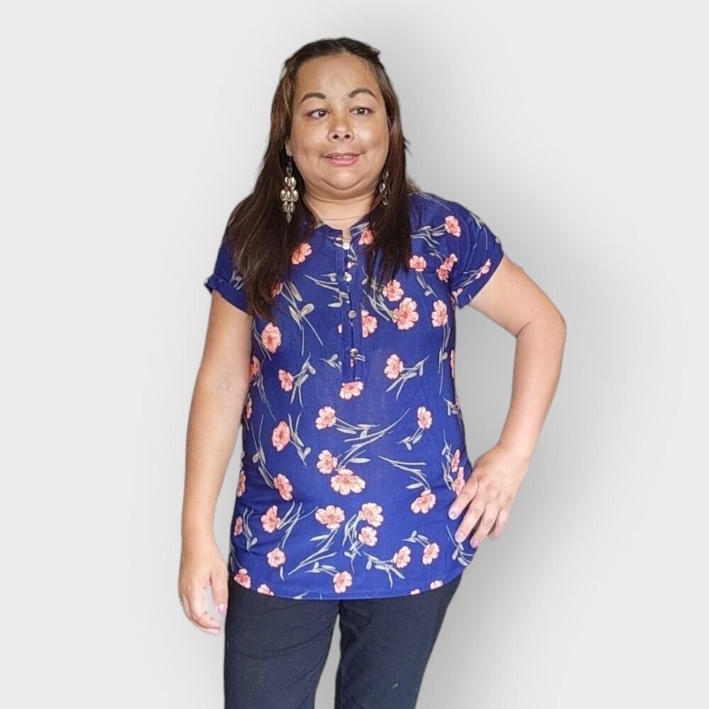 Lily Morgan Blue Shirt With Pink Floral Detail Women's Size Medium